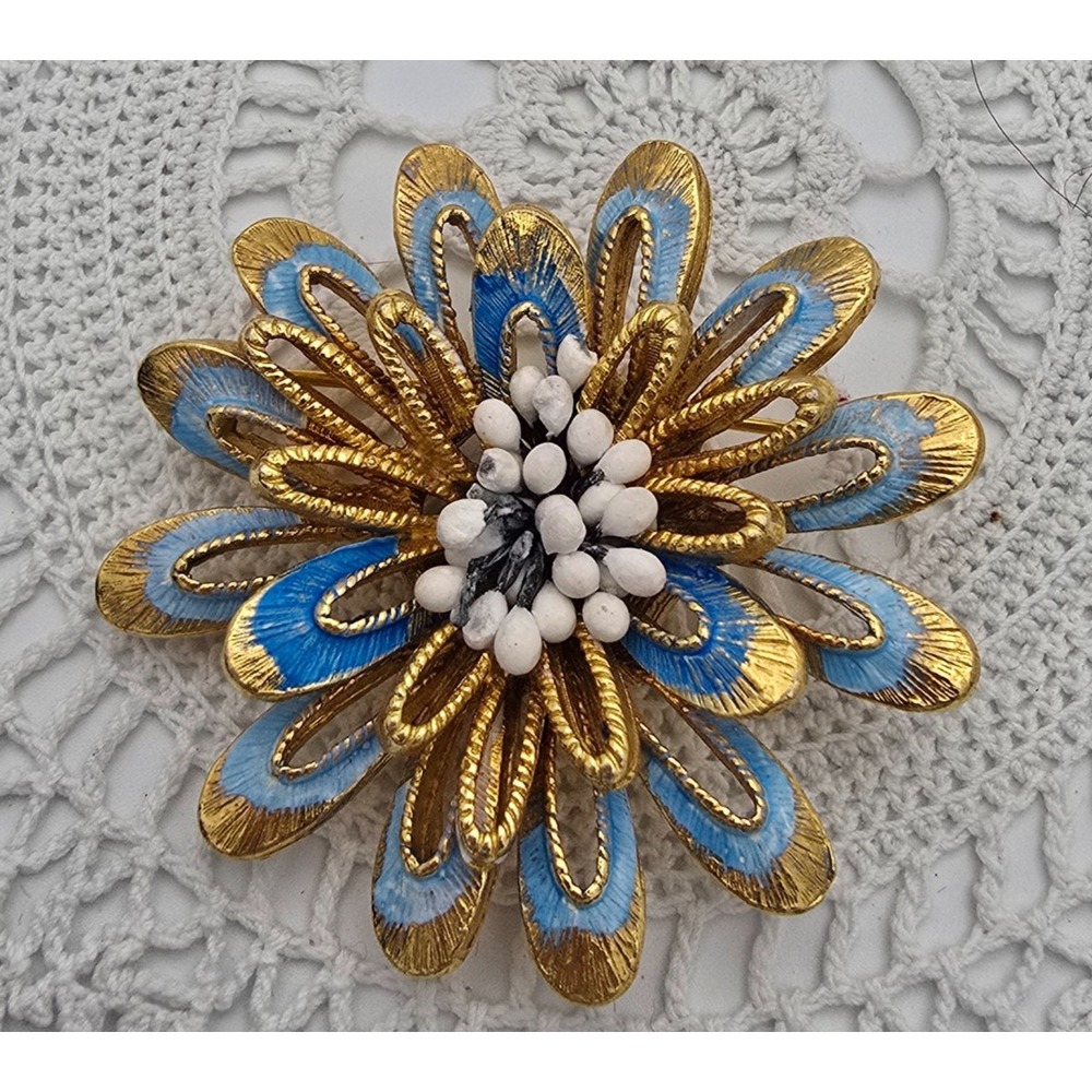 Vintage Florenza Blue Enamel Brooch Gold Tone Flower Pin